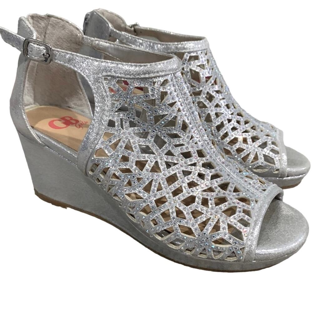 girls dress shoes, wedge heels, silver rhinestones, size 2 GB